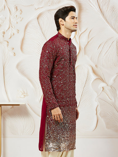Men's Maroon Georgette Zari With Sequins Worked Kurta